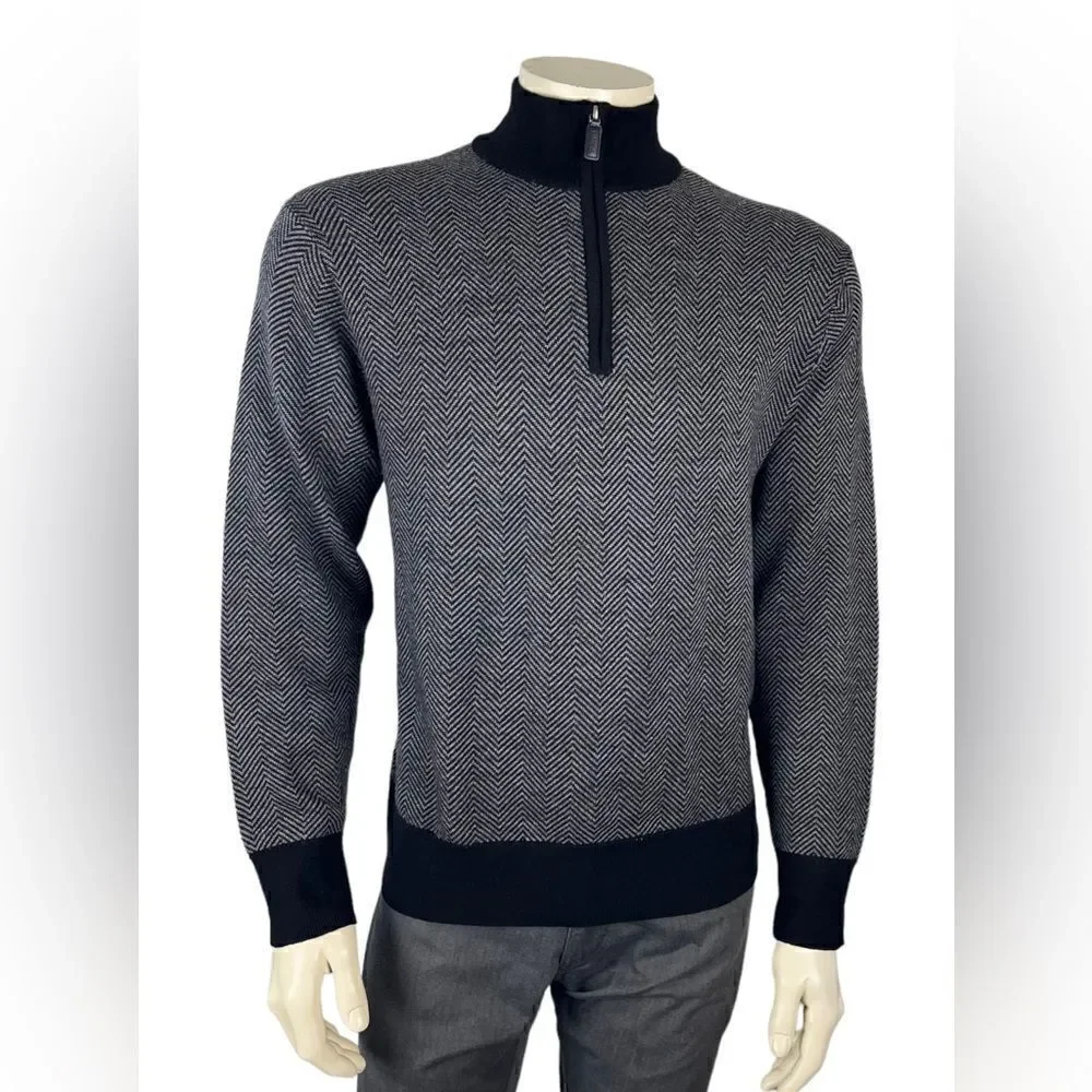 Cremieux Classics Zip Front Pullover in Gray/Black Chevron 100% Merino Wool Sz L